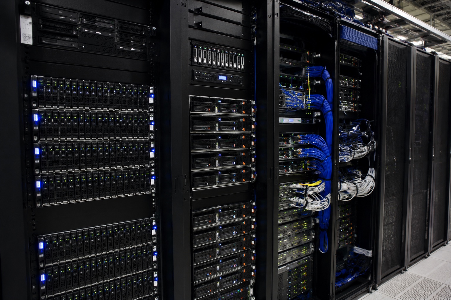 Rows of high-performance servers and network infrastructure in a data center.